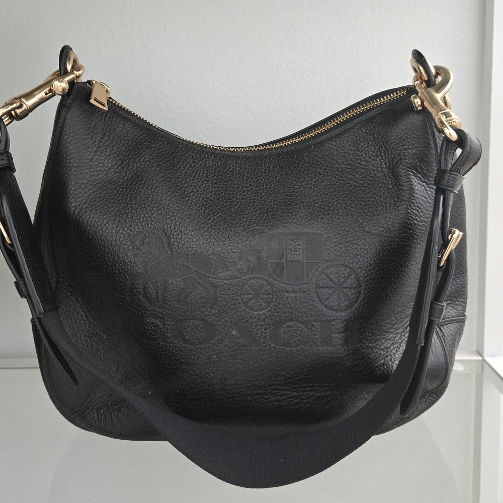Coach Black Pebble Leather Hobo Satchel Bag with Gold Accents